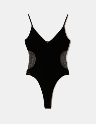 TALLY WEiJL, Black Velvet Bodysuit with Mesh Detail for Women