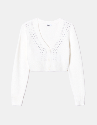 TALLY WEiJL, White Cropped Cardigan with Rhinestone for Women