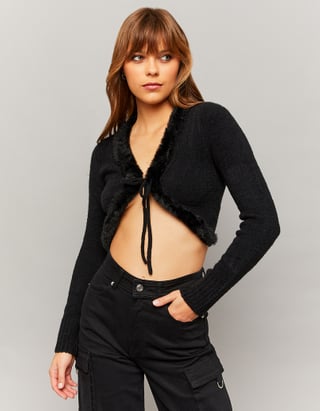 TALLY WEiJL, Black Cropped Cardigan with Faux Fur Deatil for Women