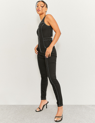 Black Zip up Jumpsuit with Contrast Stitches