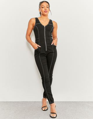 Black Zip up Jumpsuit with Contrast Stitches