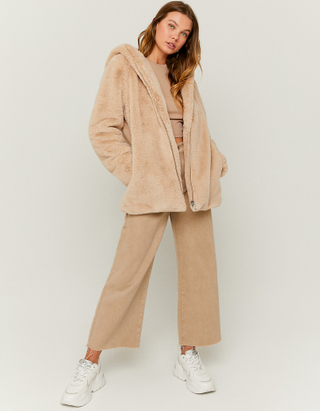 TALLY WEiJL, Beige Faux Fur Hood Coat for Women