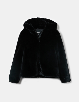 Schwarze Jacke aus Kunstfell mit Kapuze