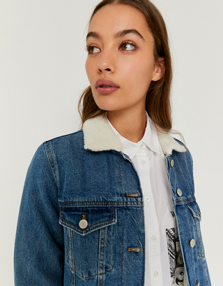 Blue Teddy Fur Lined Denim Jacket 