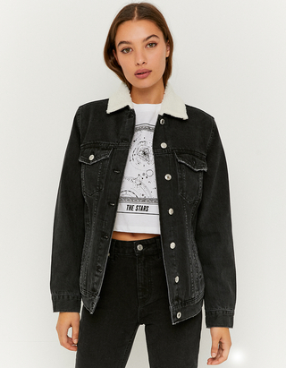 Black Teddy Fur Lined Denim Jacket 