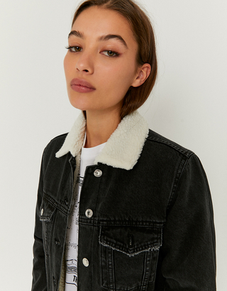 Black Teddy Fur Lined Denim Jacket 