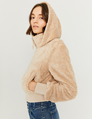TALLY WEiJL, Beige Faux Fur Jacket with Hood for Women