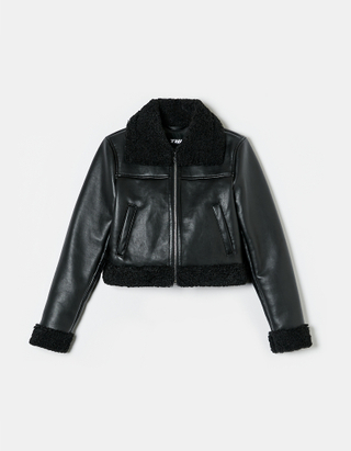 TALLY WEiJL, Black Faux Leather Basic Aviator Jacket for Women