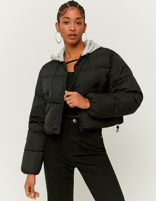 TALLY WEiJL, Black Hooded Cropped Puffer Jacket for Women