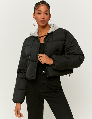 Black Hooded Cropped Puffer Jacket 