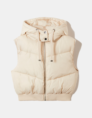TALLY WEiJL, Beige Cropped Padded Vest with Removable Hood for Women