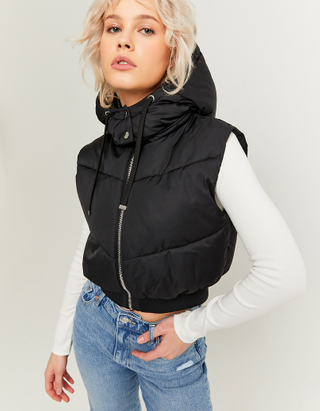 TALLY WEiJL, Black Cropped Padded Vest with Removable Hood for Women