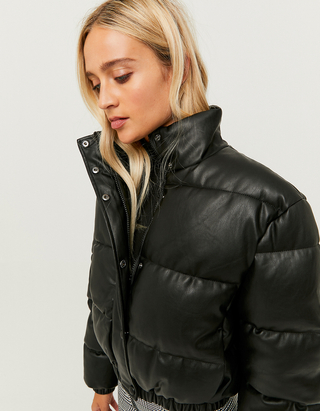 Black Faux Leather Puffer Jacket 