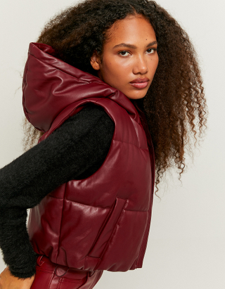Red Hooded Sleeveless Puffer Jacket