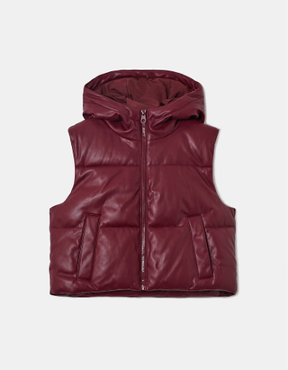 Red Hooded Sleeveless Puffer Jacket