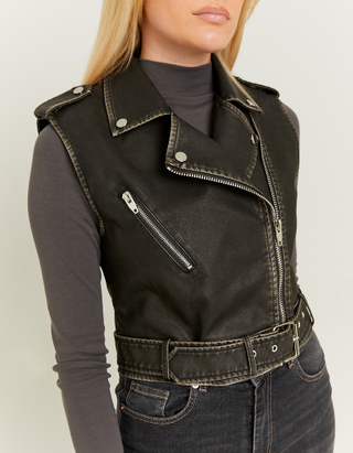 TALLY WEiJL, Black Faux Leather Sleeveless Biker Jacket for Women