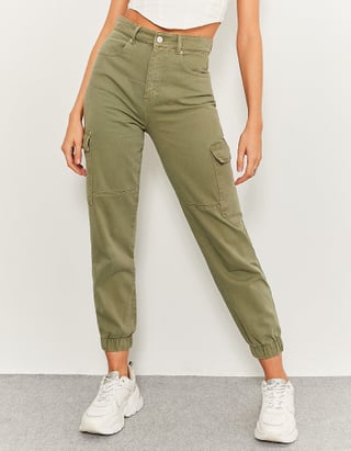 Jeans Taille Haute Cargo Vert