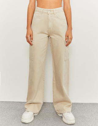 Beige High Waist Cargo Jeans | TALLY 