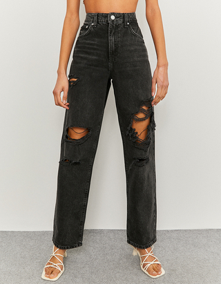 Black High Waist Destroyed Dad Jeans 
