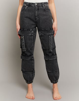 TALLY WEiJL, Black High Waist Jogger Cargo Jeans for Women