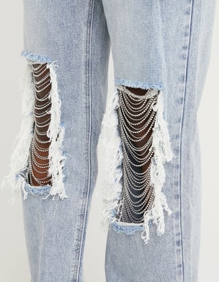 TALLY WEiJL, Destroy Straight Leg Jeans with Chains Embellishment for Women