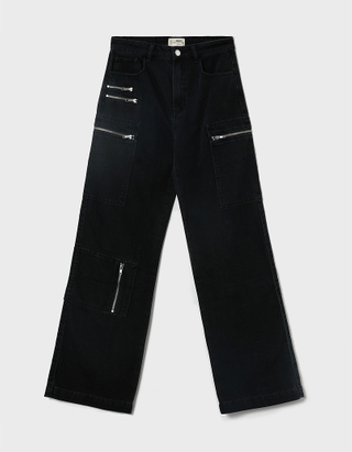 TALLY WEiJL, Czarne jeansy bojówki z wysokim stanem ze zdobieniami for Women