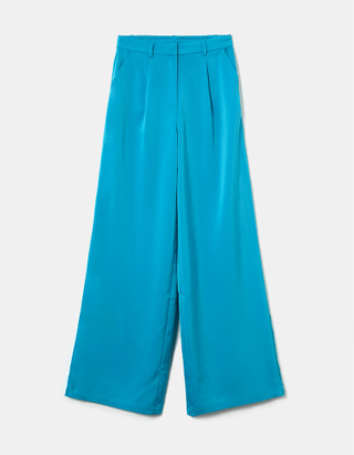 TALLY WEiJL, Niebieskie satynowe spodnie z szerokimi nogawkami i wysokim stanem for Women