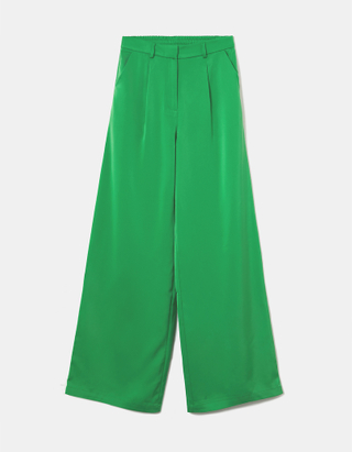 TALLY WEiJL, Πράσινο ψηλόμεσο σατέν Wide Leg παντελόνι for Women