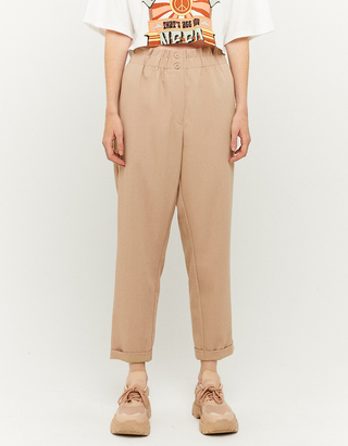 Beige High Waist Paperbag Trousers 