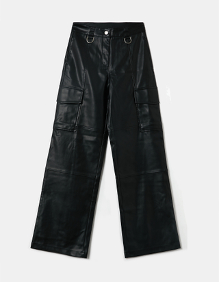 Pantalon Large en Similicuir Noir