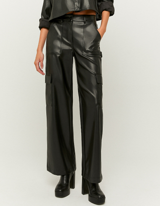 Black Faux Leather Cargo Trousers 