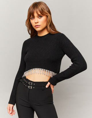 TALLY WEiJL, Black Cropped Jumper with Waterfall Strass for Women