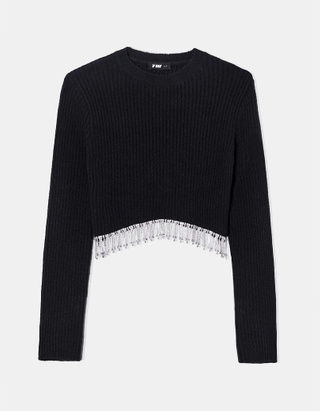 TALLY WEiJL, Black Cropped Jumper with Waterfall Strass for Women