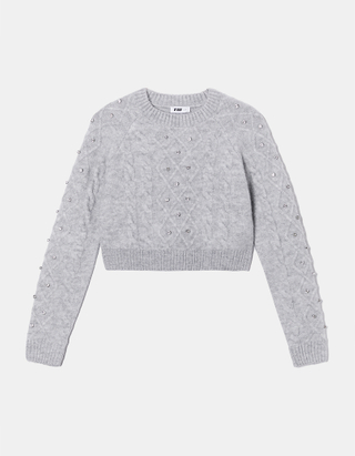 TALLY WEiJL, Grey Cable Knit Jumper with Rhinestone for Women
