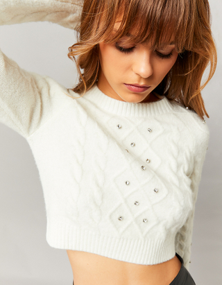 TALLY WEiJL, White Cable Knit Jumper with Rhinestone for Women