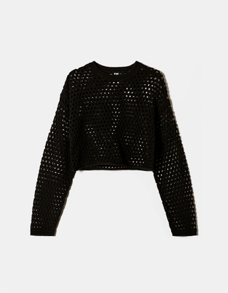 TALLY WEiJL, Ultra-przycięty, czarny szydełkowy sweter for Women
