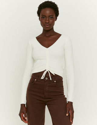 TALLY WEiJL, White Ruched  Cropped  V-Neck  Top for Women