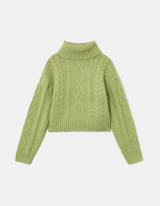 Grüner kurzer Kabelstrick Pullover