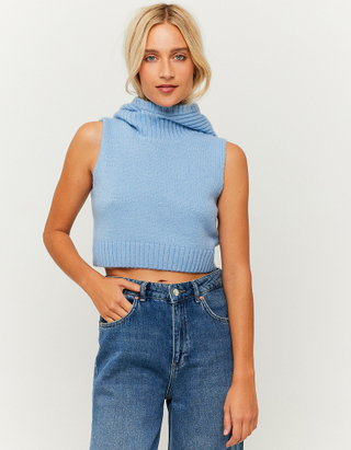 Blauer Cropped Pullover mit Kapuze