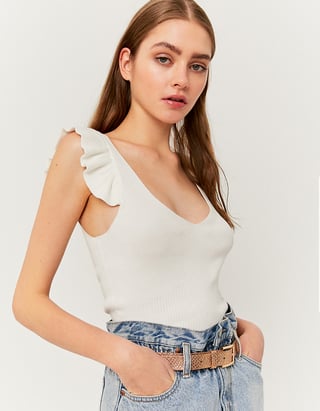 White Sleeveless Knit Top with Ruffles