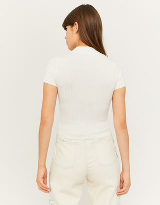 White Knit T-Shirt with Mock Neck