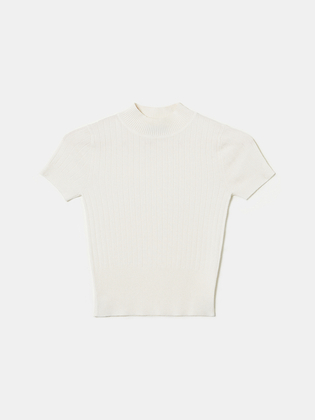 White Knit T-Shirt with Mock Neck