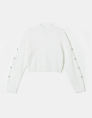 TALLY WEiJL, White Light Knit Jumper with Sleeves Jewel Buttons for Women