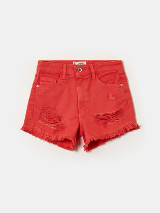 Red High Waist Ripped Denim Shorts 