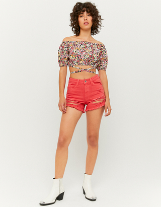 Red High Waist Ripped Denim Shorts 