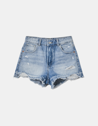 High Waist Ripped Denim Mom Shorts 