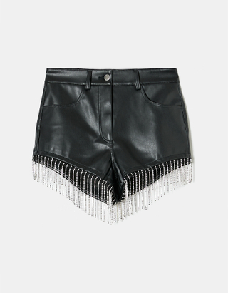 TALLY WEiJL, Black Faux Leather Shorts with Waterfall Strass for Women