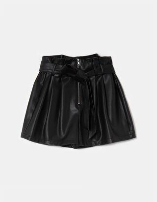 Black Faux Leather Paperbag Shorts