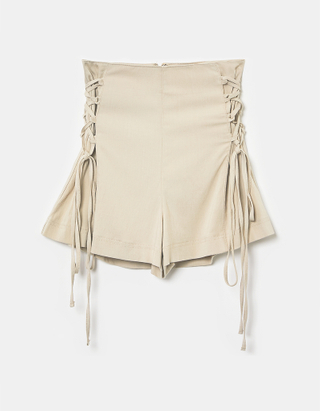 High Waist Lacing Detail Linen-Blend Shorts