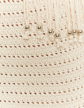 TALLY WEiJL, Beige Crochet Mini Skirt with Beads Application and Fringes for Women